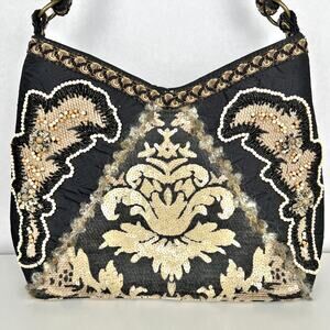Mary Frances Black + Tan Beaded Embroidered Embellished Sequin Shoulder Bag